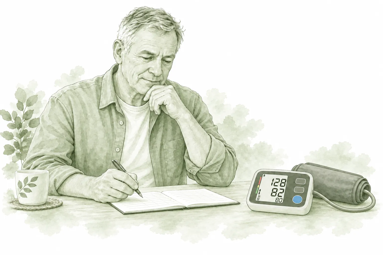 Soft monochrome illustration of a 64-year-old man recording his readings beside the Vitaltrack monitor