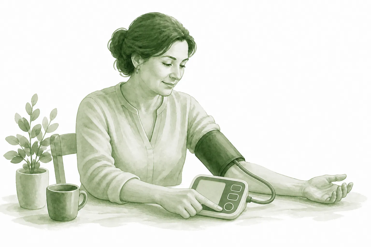 Soft monochrome illustration of a woman using the Vitaltrack blood pressure monitor