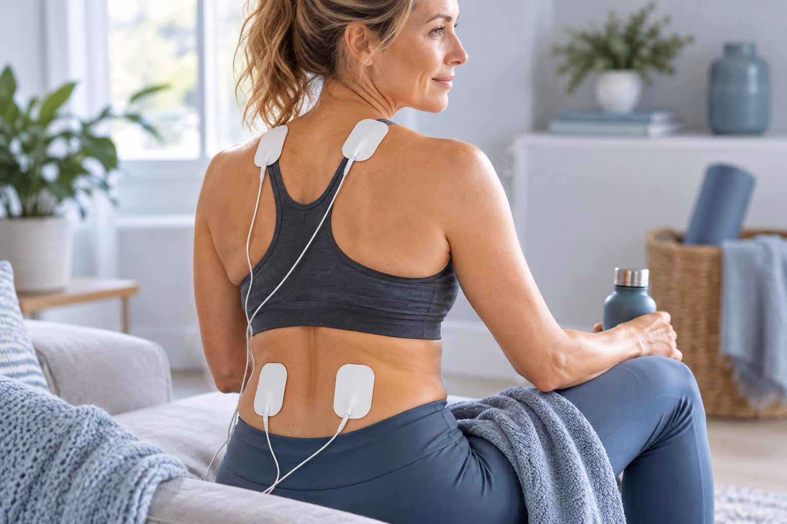 A woman using four TENS pads across her shoulders and lower back