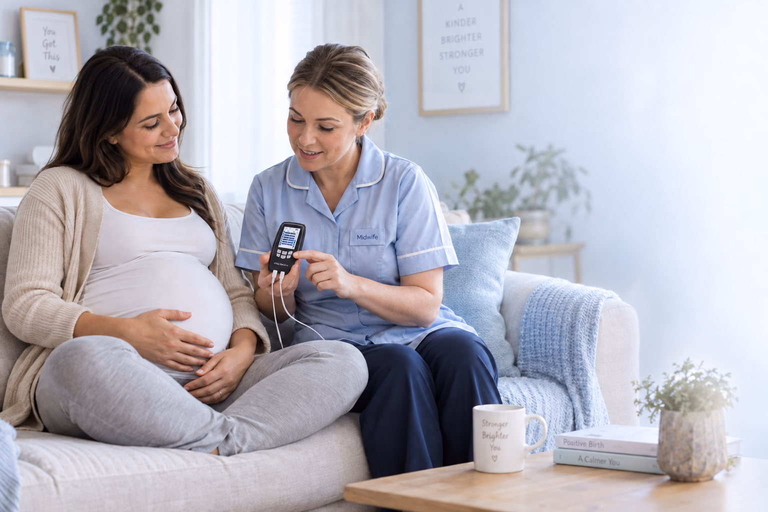 A midwife explaining the Vitaltrack TENS machine during pregnancy