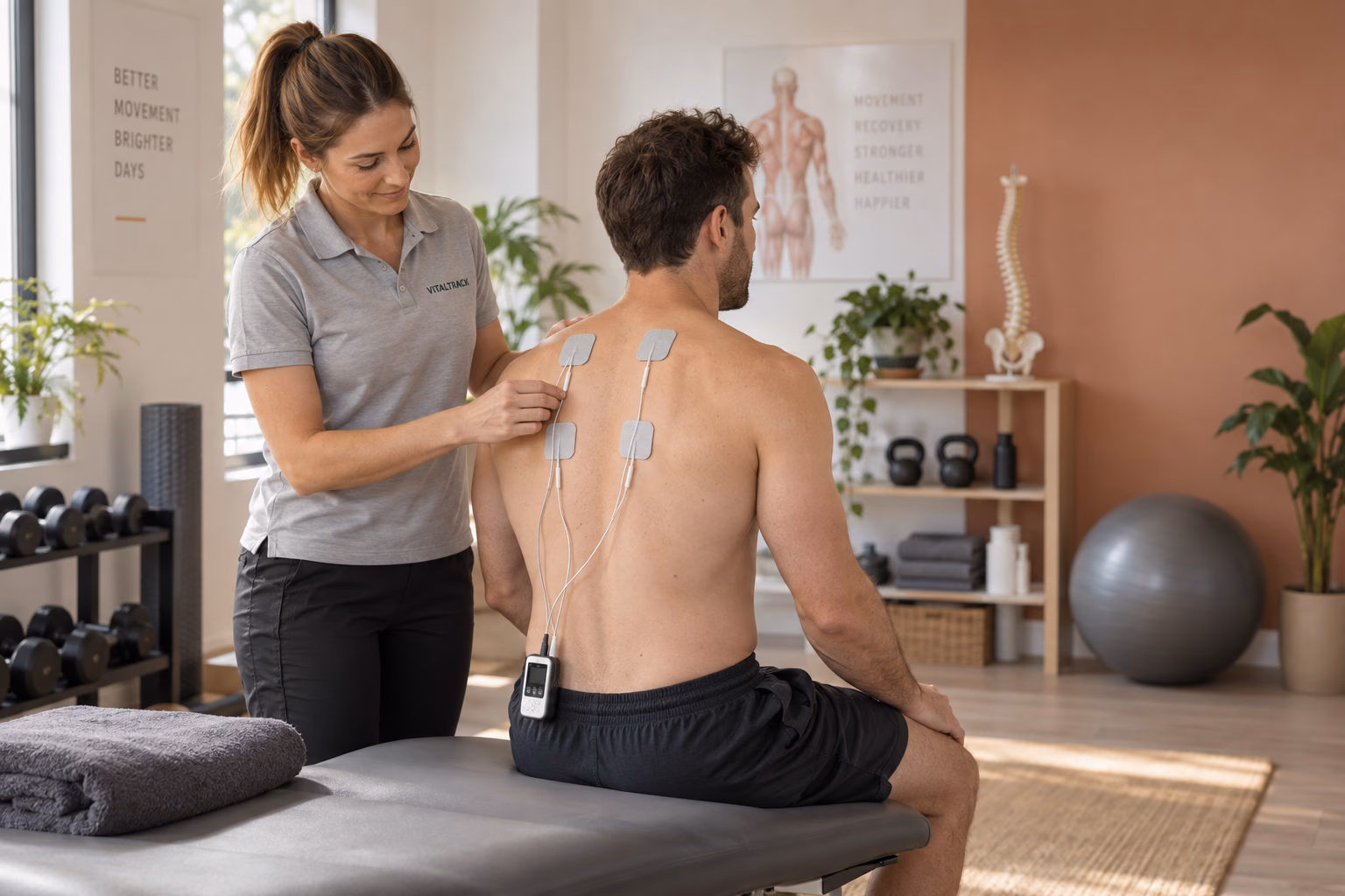 A physiotherapist positioning TENS pads for targeted back-pain support