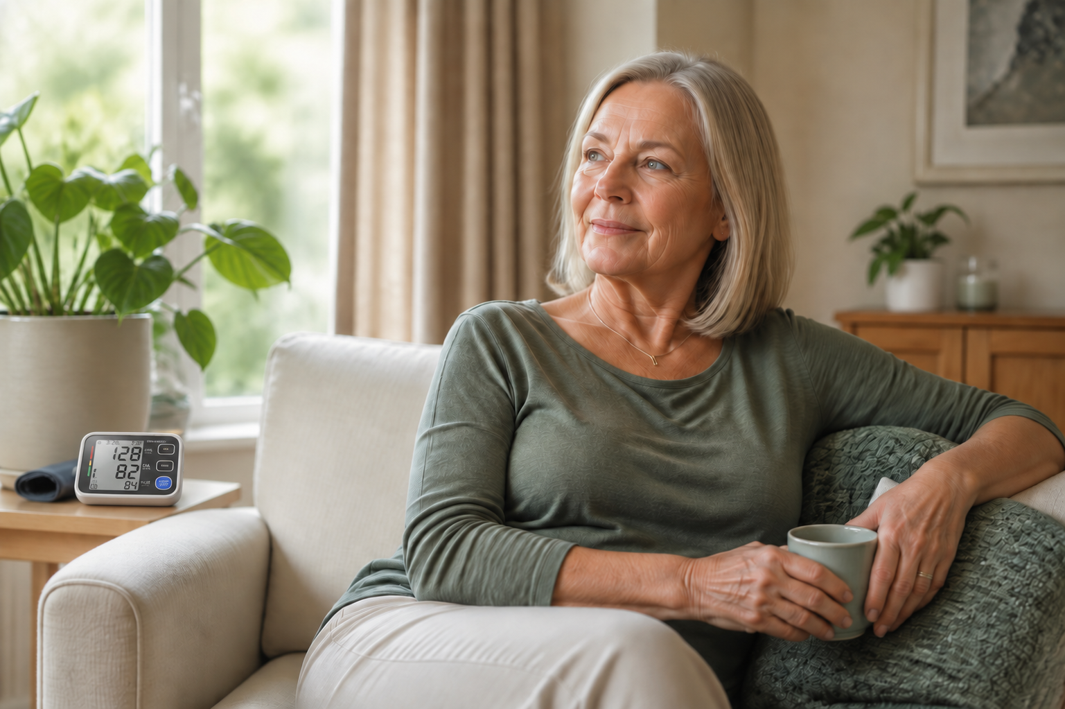 Vitaltrack customer relaxing at home beside her monitor