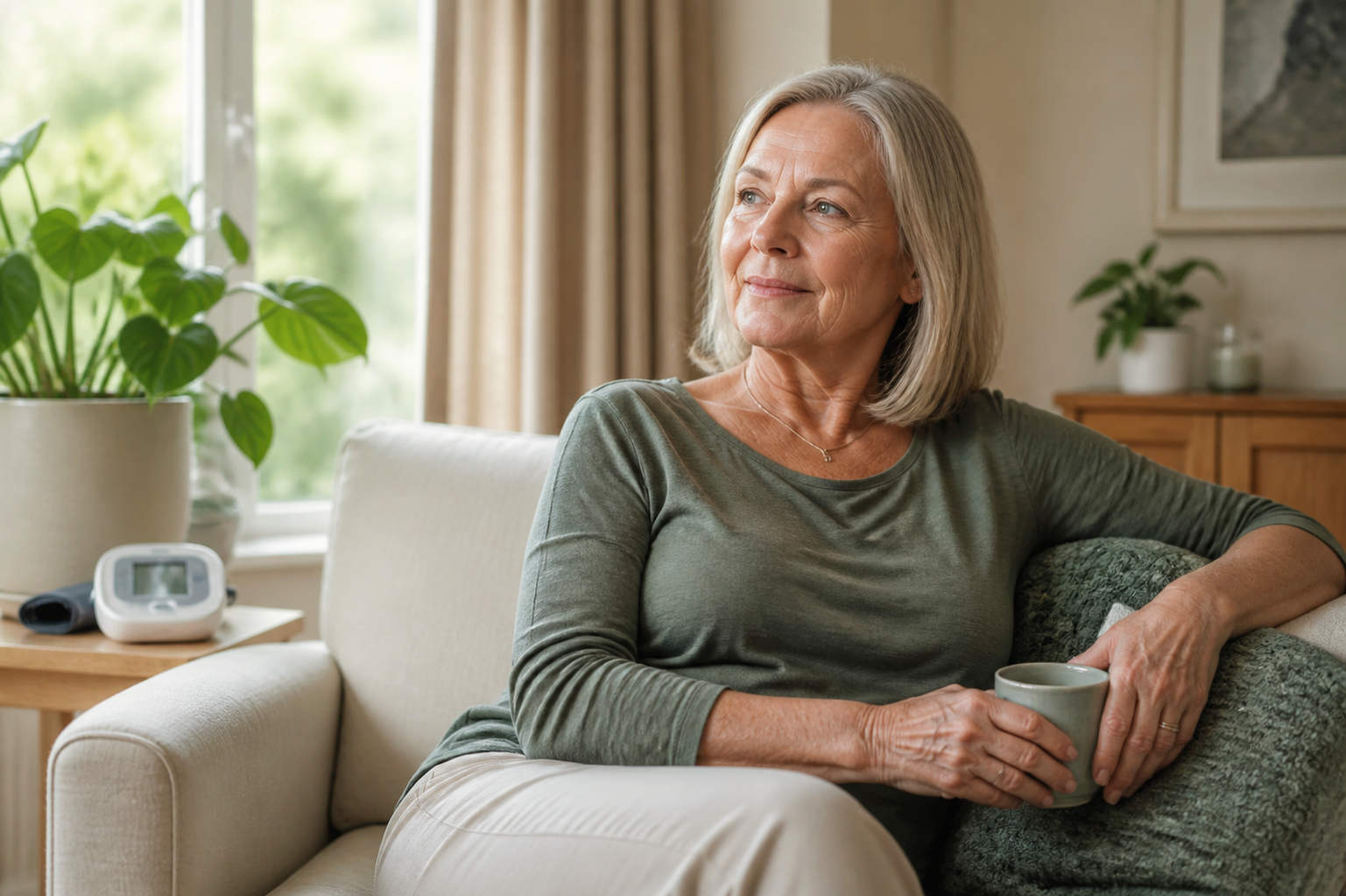 A 61-year-old Vitaltrack customer seated comfortably at home