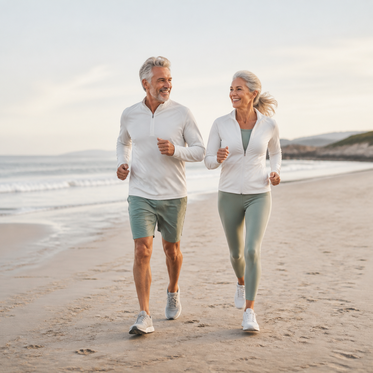 An older couple running together on a beach