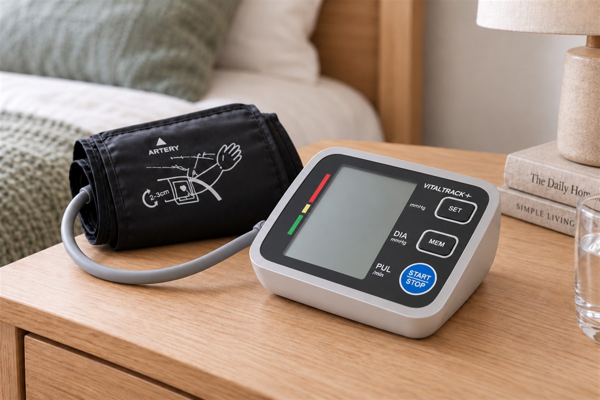 Vitaltrack blood pressure monitor with its cuff arranged at home and the screen switched off